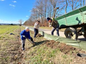 In regelmäßigen Abständen sind Eimer in den Boden eingelassen. In den Eimern fangen sich die wandernden Tiere. Die Eimer werden mehrmals täglich kontrolliert und die Tier über die Straße ins Naturschutzgebiet verbracht